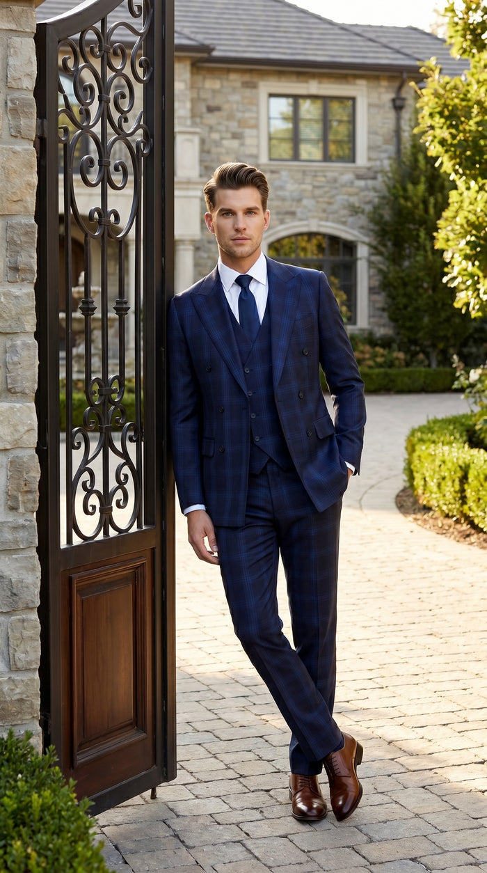 Men’s Indigo Sapphire Blue Plaid 3 Piece Suit with Double Breasted Vest, Slim Fit Windowpane Suit