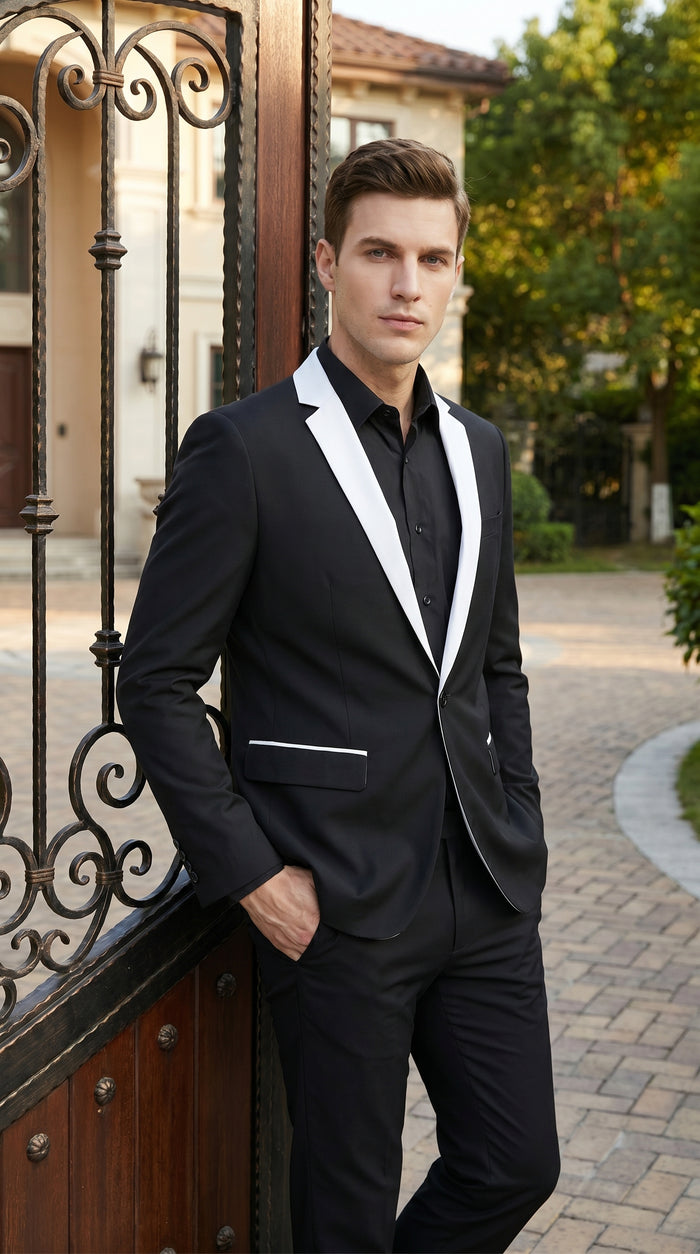 Men’s Black and White Blazer with Shawl Lapel, Dress Casual Formal Sport Coat