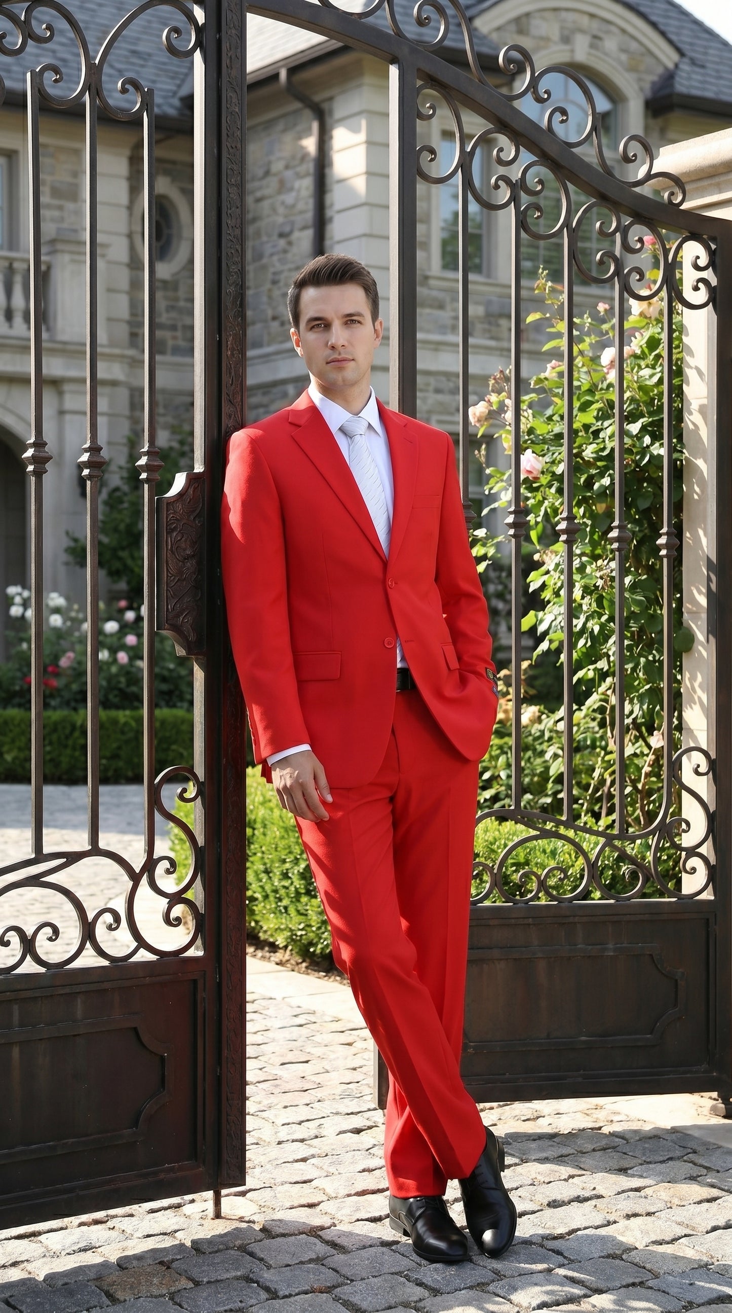 Men’s Red Bolzano 2 Button Suit with Pleated Pants, 100% Polyester Formal Dress Suit