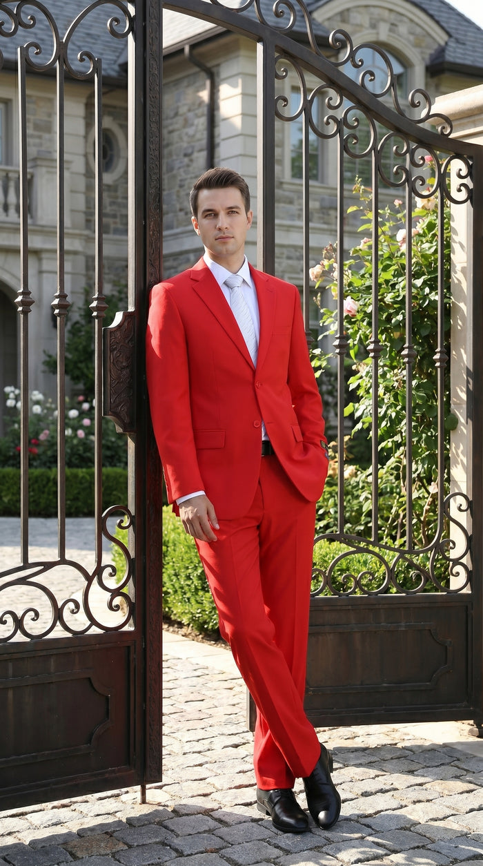 Men’s Red Bolzano 2 Button Suit with Pleated Pants, 100% Polyester Formal Dress Suit