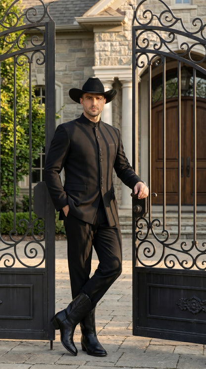 Men’s Apollo King Black 2 Piece Nehru Style Suit with Mandarin Collar, Formal Banded Collar Suit Modern Fit