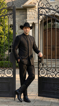 Men’s Apollo King Black 2 Piece Nehru Style Suit with Mandarin Collar, Formal Banded Collar Suit