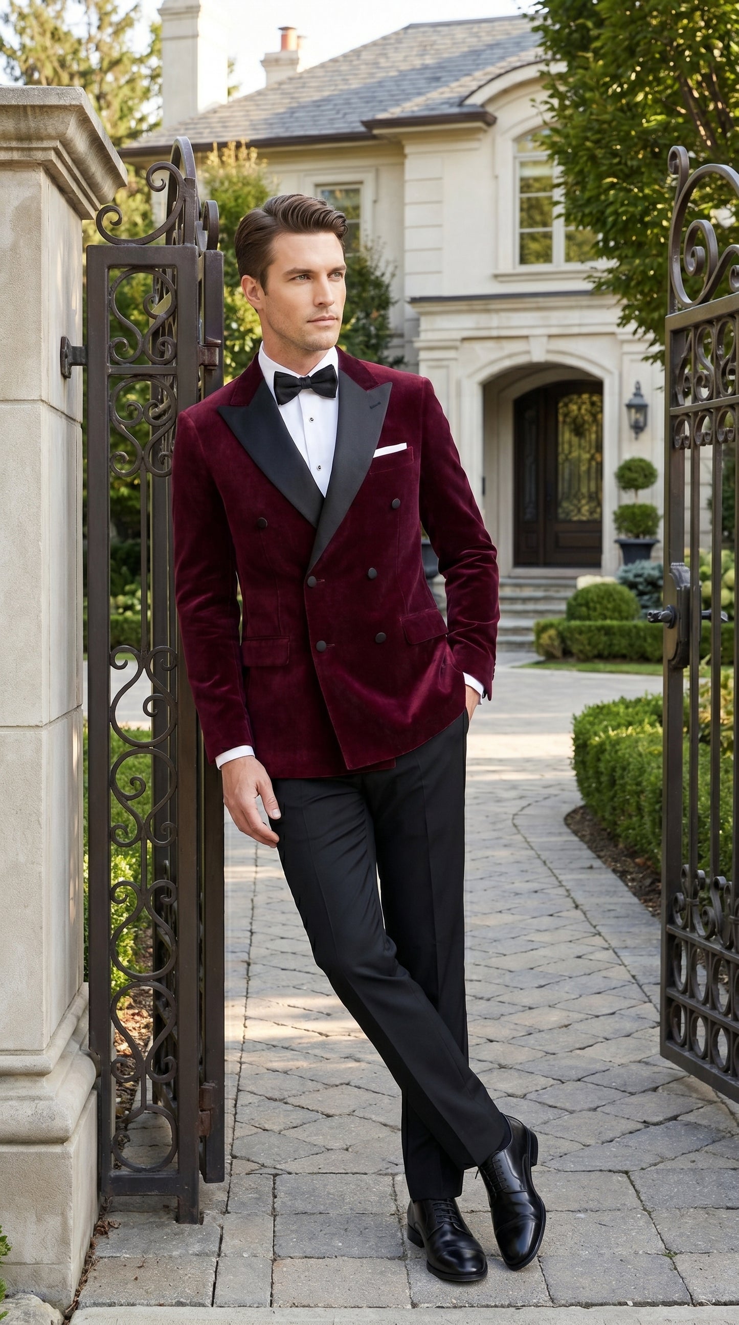 Men’s Burgundy Velvet Tuxedo, Slim Fit Double Breasted Formal Tuxedo Suit for Wedding, Prom and Groom Wear