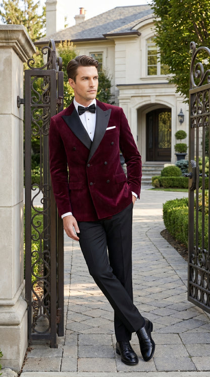 Men’s Burgundy Velvet Tuxedo, Slim Fit Double Breasted Formal Tuxedo Suit for Wedding, Prom and Groom Wear