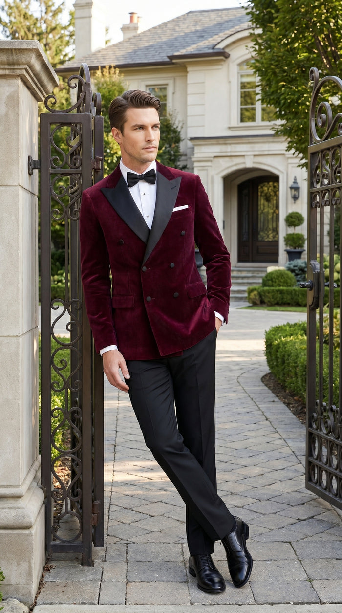 Men’s Burgundy Velvet Tuxedo, Slim Fit Double Breasted Formal Tuxedo Suit for Wedding, Prom and Groom Wear