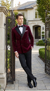 Men’s Burgundy Velvet Tuxedo, Slim Fit Double Breasted Formal Tuxedo Suit for Wedding, Prom and Groom Wear