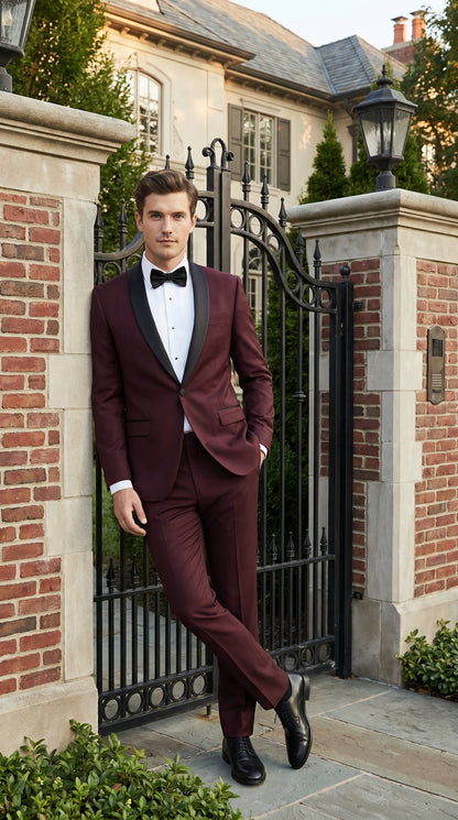 Men’s Maroon Slim Fit Tuxedo with Black Satin Lapel, Burgundy Wine Formal Prom Suit