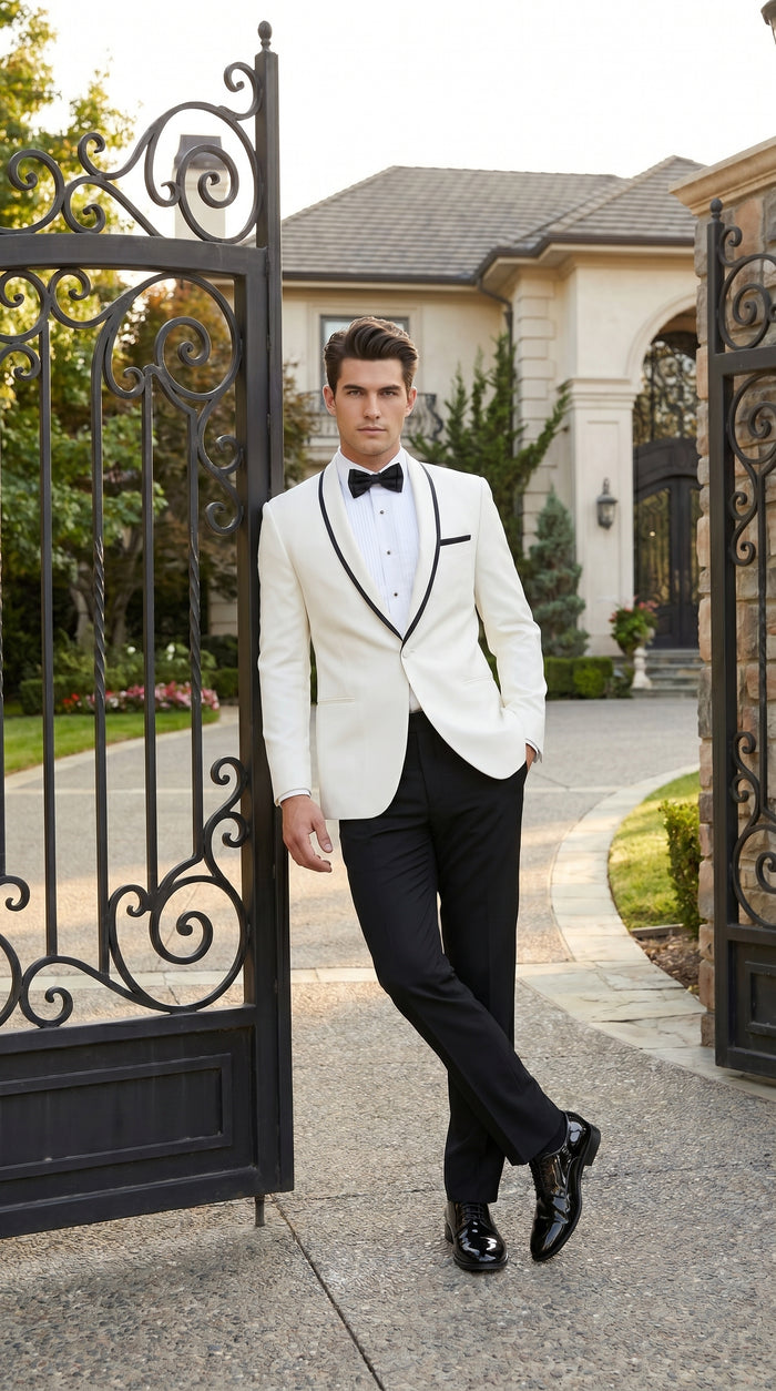 Men’s One Button Ivory Tuxedo Suit with Black Trim, Formal Wedding Prom Dinner Jacket