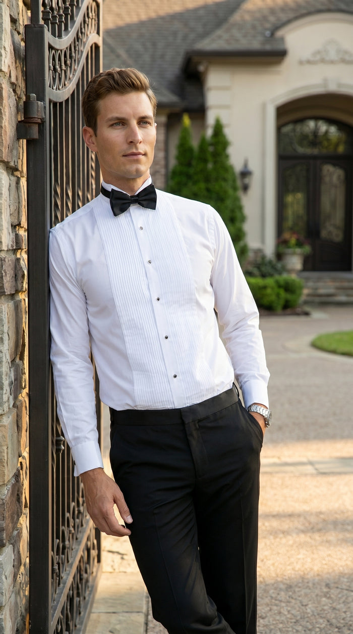 Men’s Max White Slim Fit Wing Tip Collar Pleated Tuxedo Shirt, Formal Dress Shirt