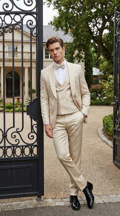 Men’s Tan Floral Shawl Lapel Tuxedo Set, Wedding and Prom Formal Suit