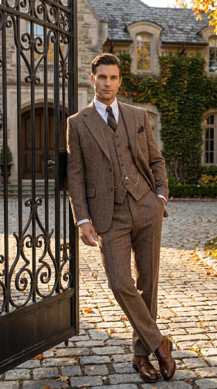 Men’s Light Brown Great Gatsby Tweed Herringbone Vested Suit, Tobey Maguire Inspired 1920s Formal Outfit Modern Fit