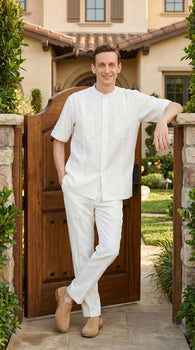 Men’s White Banded Collar 2 Piece Linen Walking Suit, Short Sleeve Shirt and Pants Set
