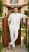 Men’s White Banded Collar 2 Piece Linen Walking Suit, Short Sleeve Shirt and Pants Set