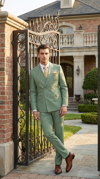 Rossiman Men’s Sage Green Double Breasted Suit with Gold Buttons, Slim Fit Lightweight Summer Suit