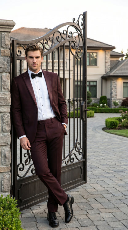 Men’s Brown Slim Fit 2 Piece Tuxedo with Satin Peak Lapel, Formal Wedding Prom Suit