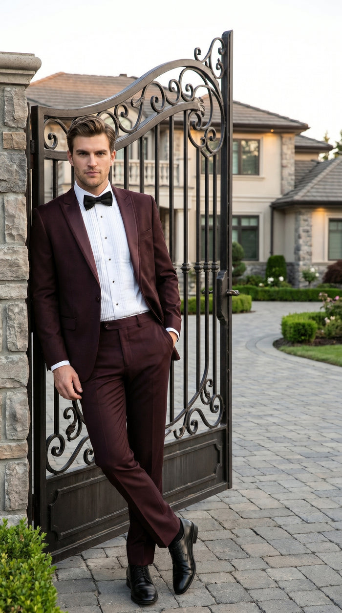 Men’s Brown Slim Fit 2 Piece Tuxedo with Satin Peak Lapel, Formal Wedding Prom Suit