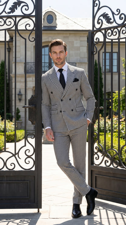 Men’s Black & White Houndstooth Double Breasted Wool Suit – 2 Piece Peak Lapel Suit Modern Fit