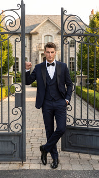 Alberto Nardoni Men’s Black Super 150s Wool Tuxedo with Peak Lapel, Double Breasted Vest and Flat Front Pants