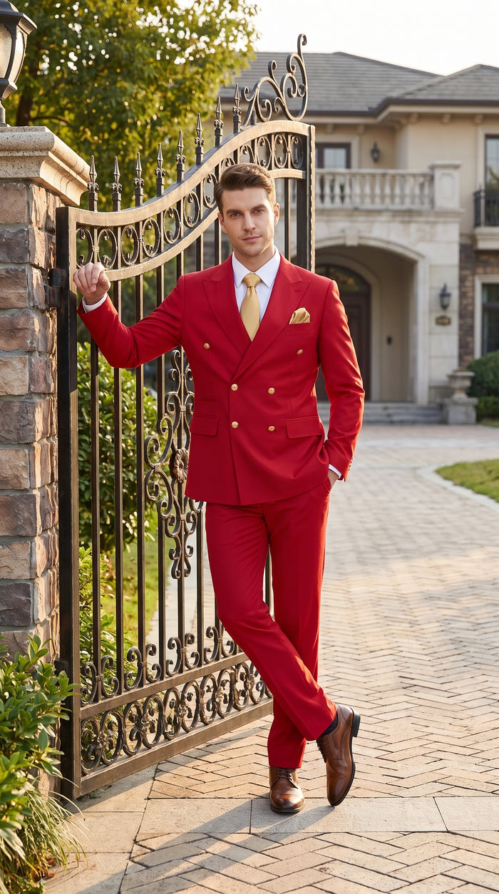 Rossi Man Milano RM1191 Men’s Red Double Breasted Suit with Gold Buttons, Formal Wedding Prom Suit Modern Fit