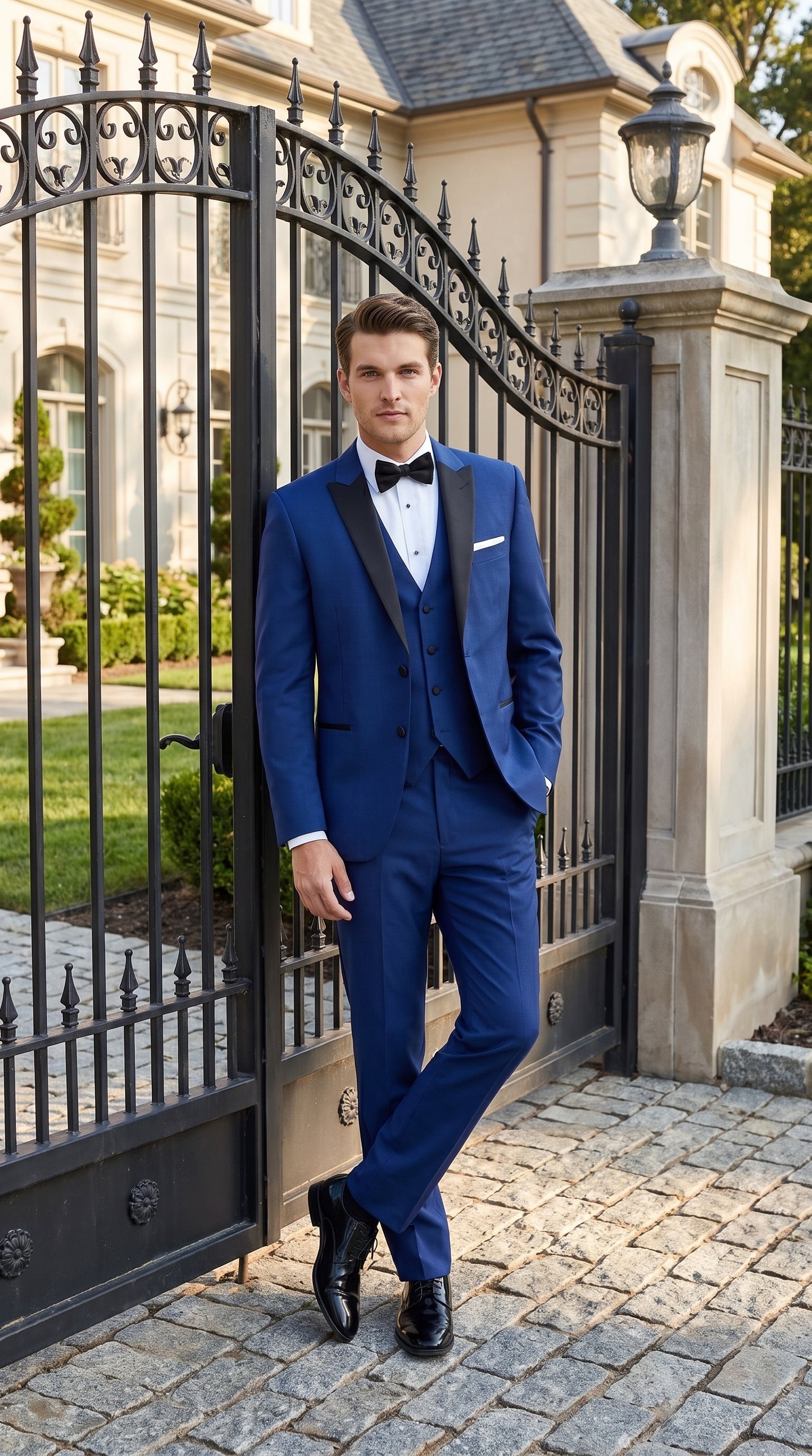 Men’s Indigo Blue Sapphire Cobalt Blue 1 Button Vested Tuxedo with Black Satin Peak Lapel