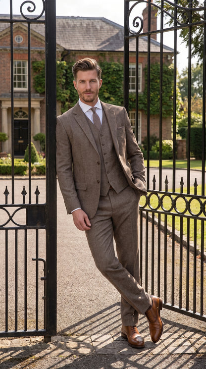 Men’s Vintage Brown Tweed Herringbone 1920s Suit, Classic Gatsby Style Dress Suit
