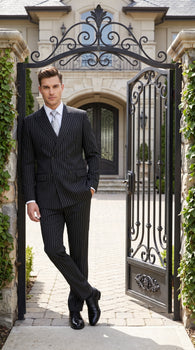 Men’s Black Double Breasted Bold Pinstripe Suit – Gangster Style Formal Dress Suit