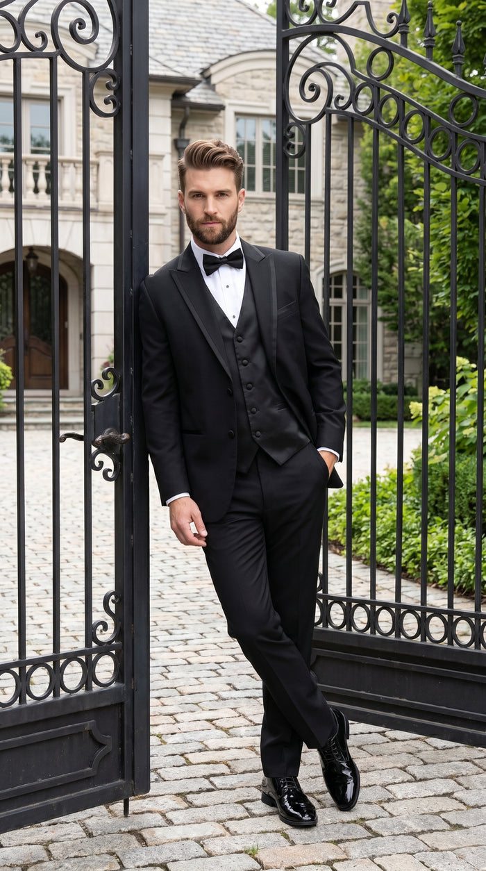 Men’s Black Modern 1 Button Tuxedo Suit with Satin Trim Peak Lapel and Wide Lapel Design
