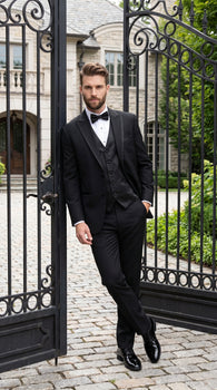Men’s Black Modern 1 Button Tuxedo Suit with Satin Trim Peak Lapel and Wide Lapel Design
