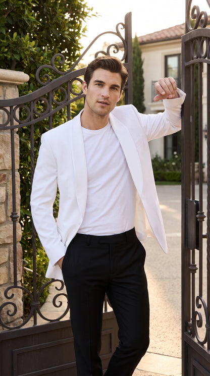 Men’s White Dinner Jacket with Shawl Lapel, Formal Wedding Prom Tuxedo Blazer