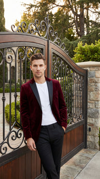 Men’s Burgundy Velvet Tuxedo Blazer with Black Satin Lapel, Crushed Velour Formal Sport Coat