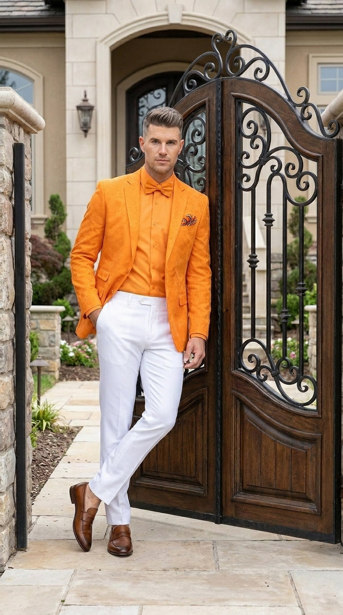 Men’s Mango Orange Blazer White Pants Formal Outfit