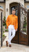 Men’s Mango Orange Blazer with Matching Shirt and Bow Tie, White Pants Formal Outfit