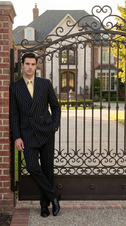 Men’s Black Pinstripe Double Breasted Suit, Super 120s Acrylic Rayon Formal Dress Suit Modern Fit