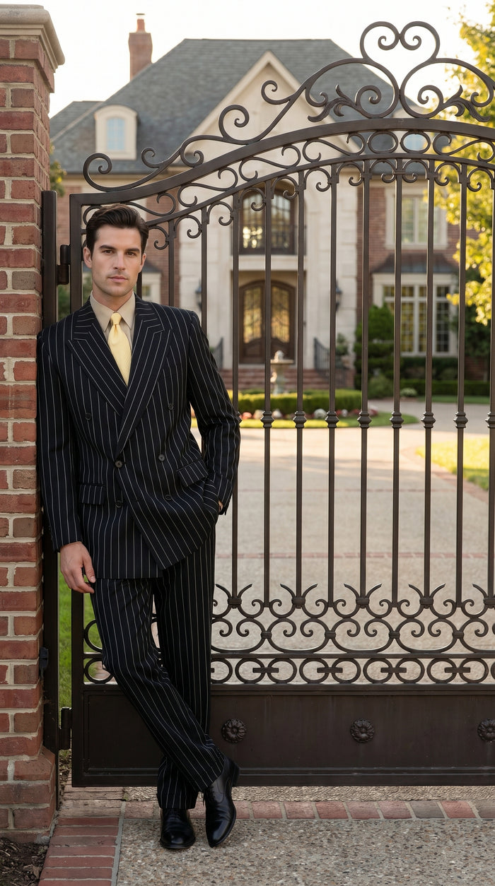 Men’s Black Pinstripe Double Breasted Suit, Super 120s Acrylic Rayon Formal Dress Suit Modern Fit