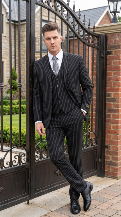 Men’s Jet Liquid Black Suit with White Pinstripes, 2 Button Vested Formal Dress Suit Modern Fit
