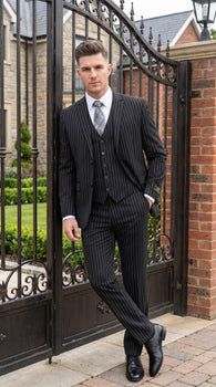 Men’s Jet Liquid Black Suit with White Pinstripes, 2 Button Vested Formal Dress Suit