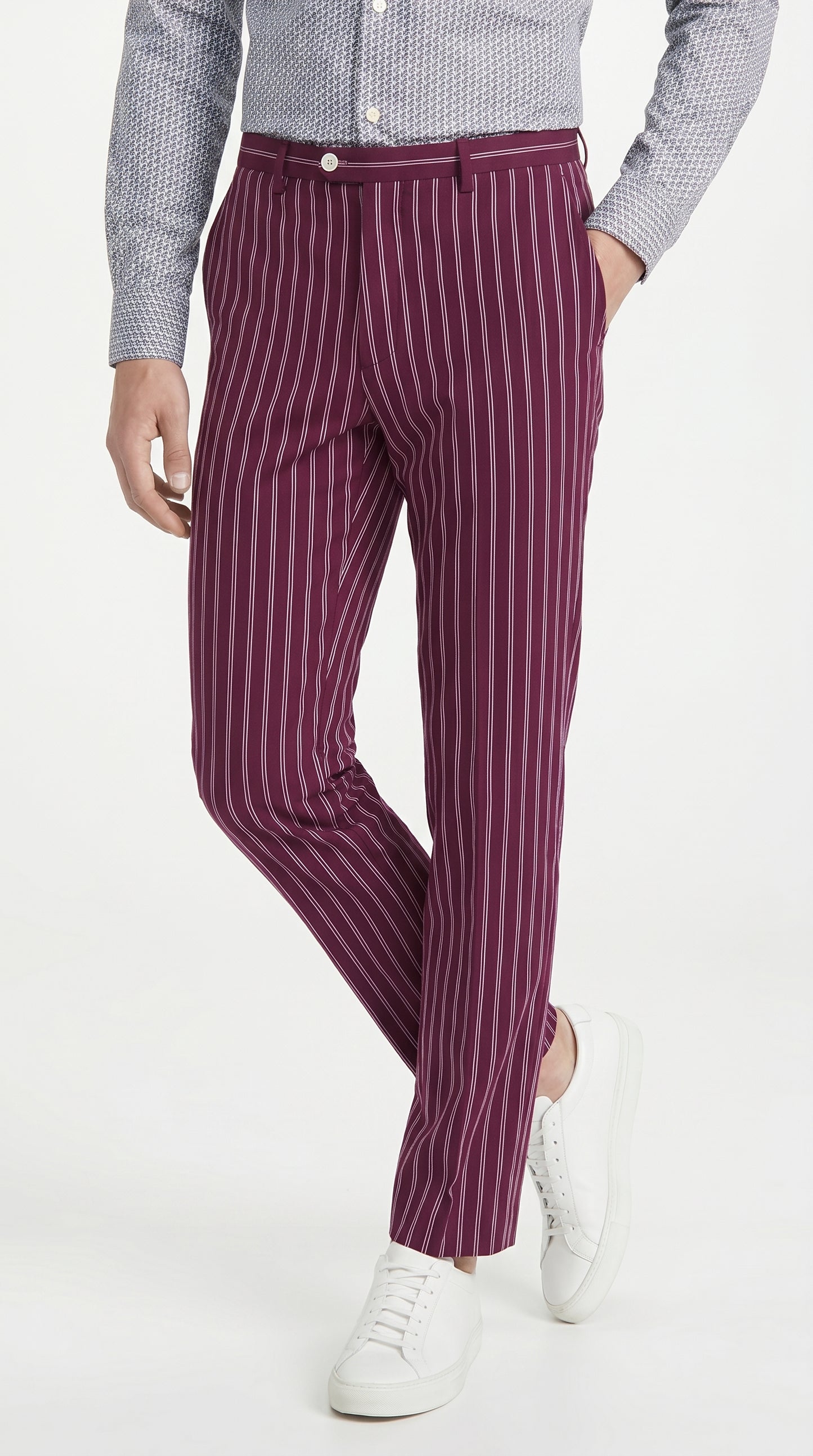 Men’s slacks Wine Ganagster Chalk Striped ~ Pinstripe 1920's Style Flat Front or  Pleated Pants Available In Big And Tall unhemmed unfinished bottom