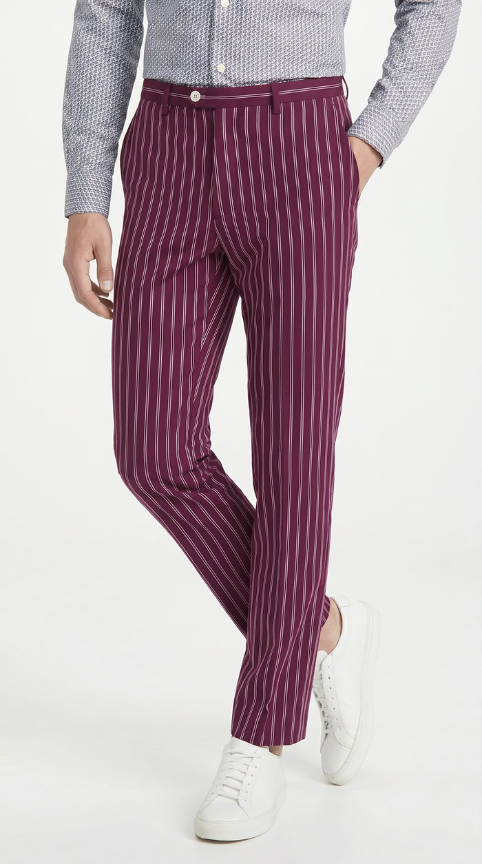 Men’s slacks Wine Ganagster Chalk Striped ~ Pinstripe 1920's Style Flat Front or  Pleated Pants Available In Big And Tall unhemmed unfinished bottom