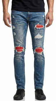 Men’s PX Indigo Denim Jeans with Quilted Red Patches, Distressed Slim Fit Fashion Jeans