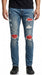 Men’s PX Indigo Denim Jeans with Quilted Red Patches, Distressed Slim Fit Fashion Jeans