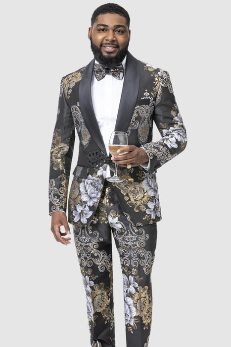EJ Samuel Men's Slim Fit Black & Gold Paisley Smoking Jacket Tuxedo