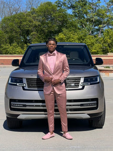 Graduation Suit - Men's One Button Vested Shiny Satin Sharkskin Prom & Wedding Party Suit in Dusty Rose