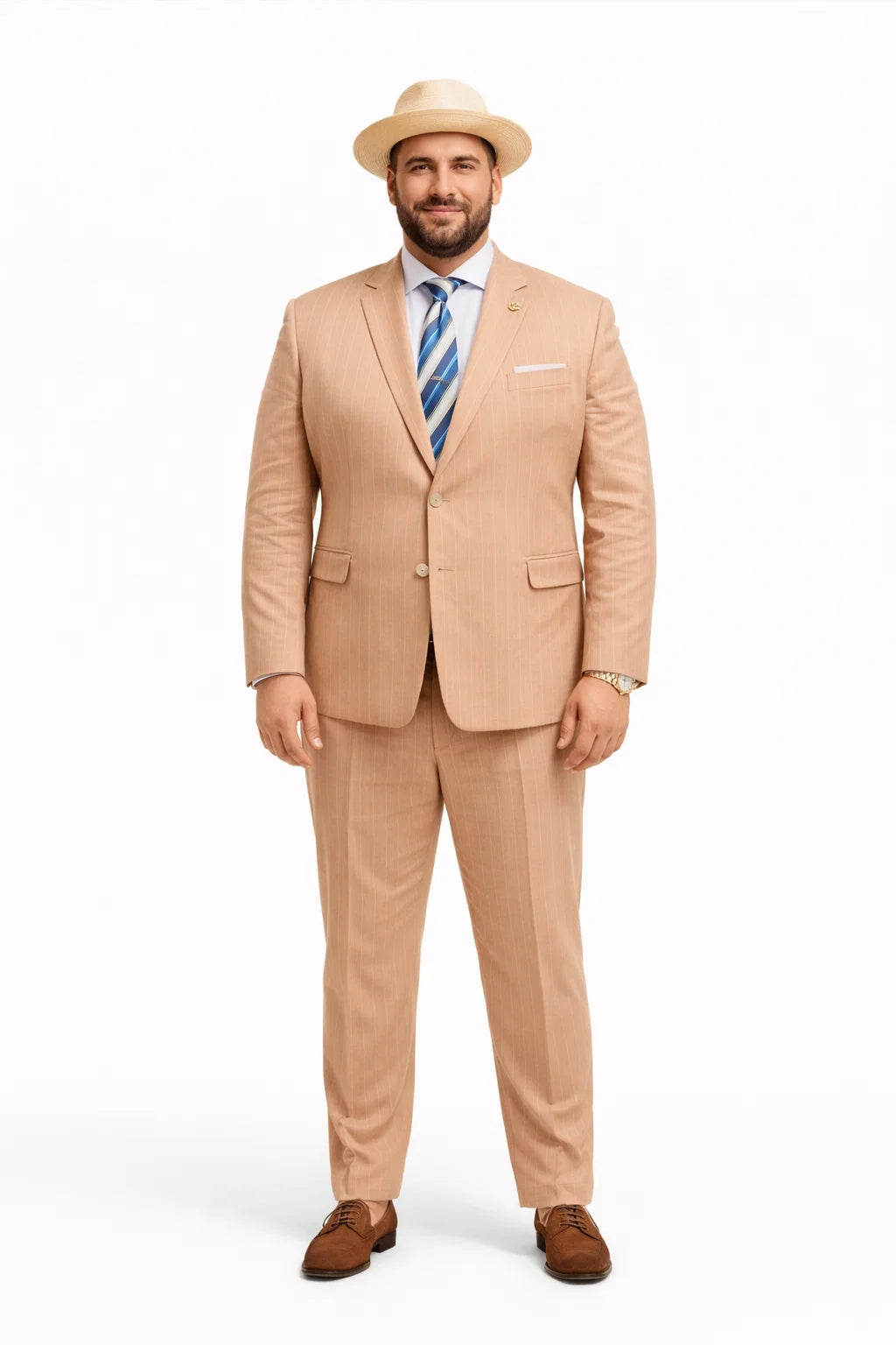 Mens Bronze - Tan Pinstripe - Camel Double Breasted Pinstripe Suit - Flat Front Pants