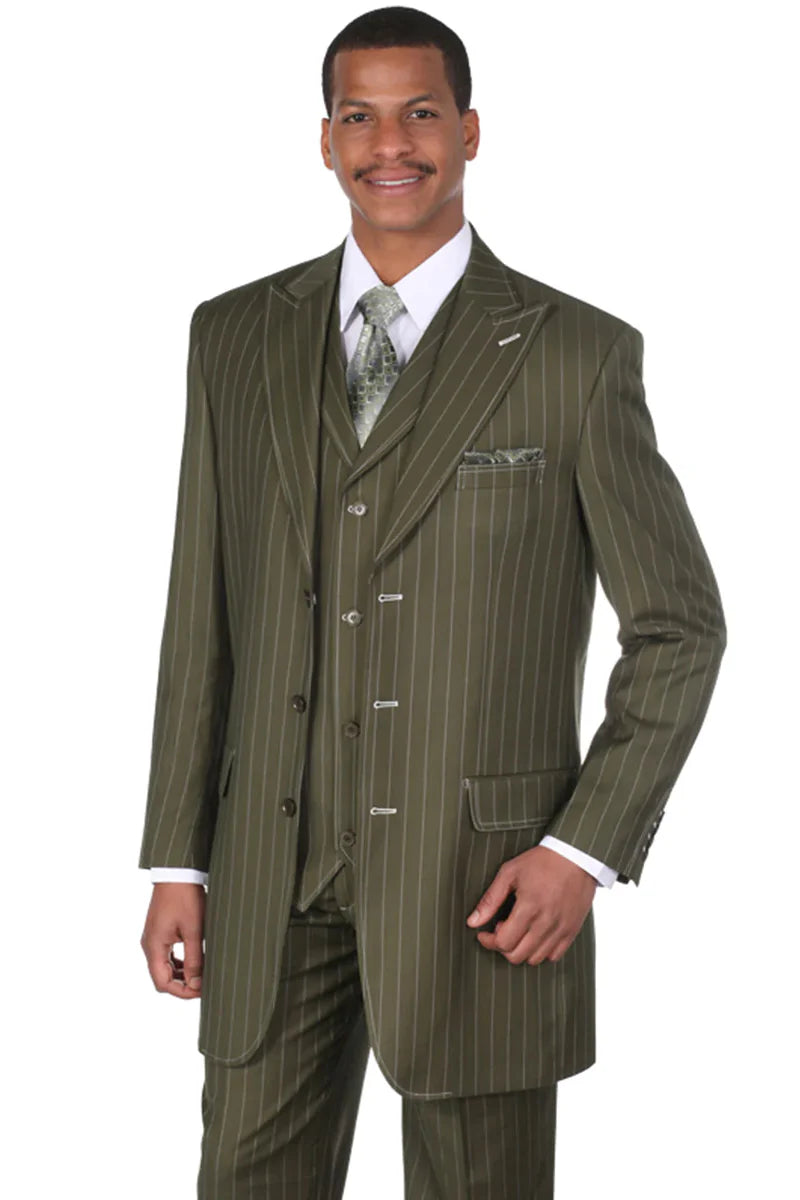 Men’s Vintage Vested Gangster Pinstripe Suit – Bold Olive Green Fashion 3-Piece Set Modern Fit