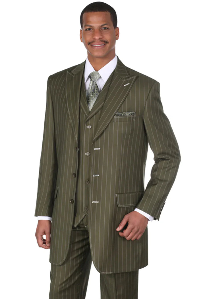Men’s Vintage Vested Gangster Pinstripe Suit – Bold Olive Green Fashion 3-Piece Set Modern Fit