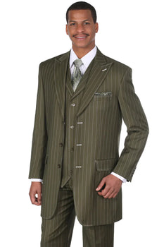 Men’s Vintage Vested Gangster Pinstripe Suit – Bold Olive Green Fashion 3-Piece Set