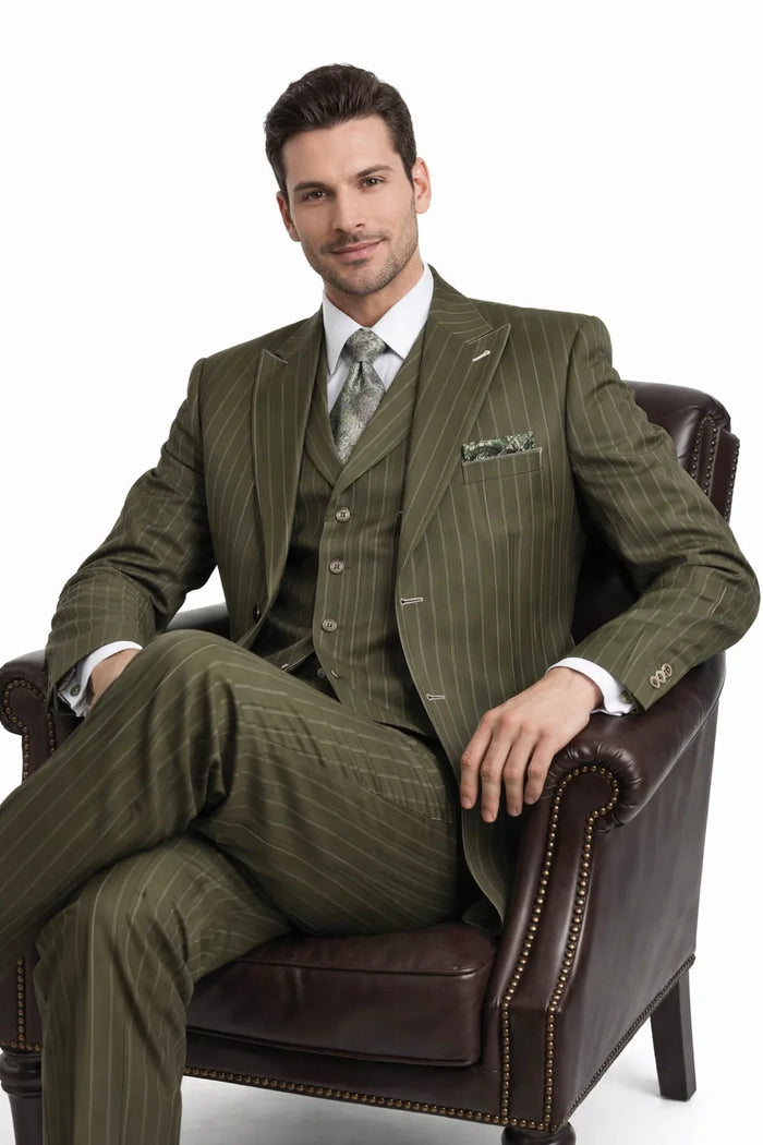 Men’s Vintage Vested Gangster Pinstripe Suit – Bold Olive Green Fashion 3-Piece Set Modern Fit