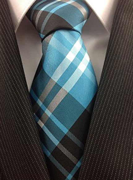 Men's Blue Teal  Polyester Classic Plaid Fashion Design Necktie -Men's Neck Ties - Mens Dress Tie - Trendy Mens Ties