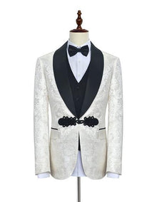 Men's Shawl Lapel FloralPattern Fabric Suit White