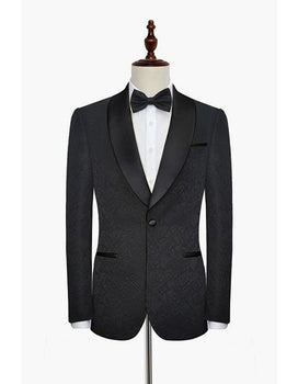 Men's Pure Black Double Vent Besom Pocket Floral Pattern Shawl Lapel Suit